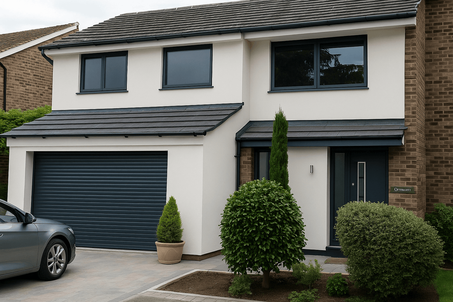 Modern house with black roof and white walls featuring a car parked in the driveway. upvc windows, european windows, tilt and turn windows