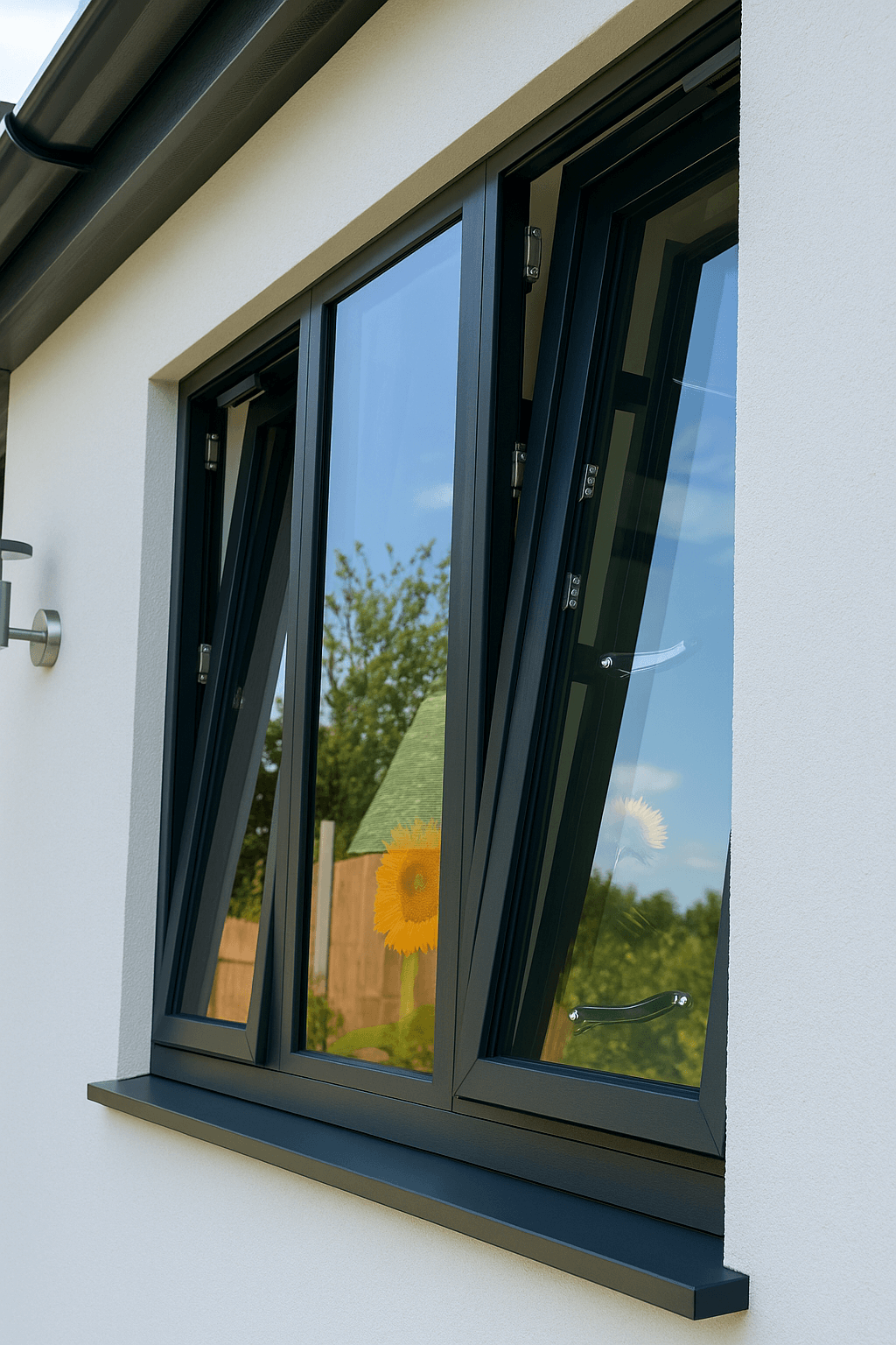 Black double-glazed window on a white house exterior. upvc windows, european windows, tilt and turn windows